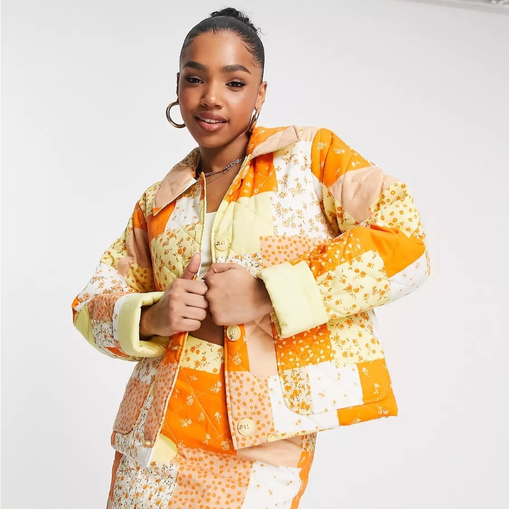 Monki quilted jacket in orange patchwork